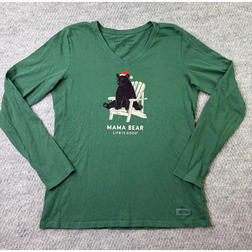 Life Is Good Women Sz.M Mama Bear Christmas Green Long Sleeve Crusher V Neck Tee